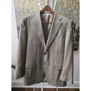 Canali Blazer Jacket Sport Coat Tan Brown Blue Window Check Wool IT 56 US 46 L